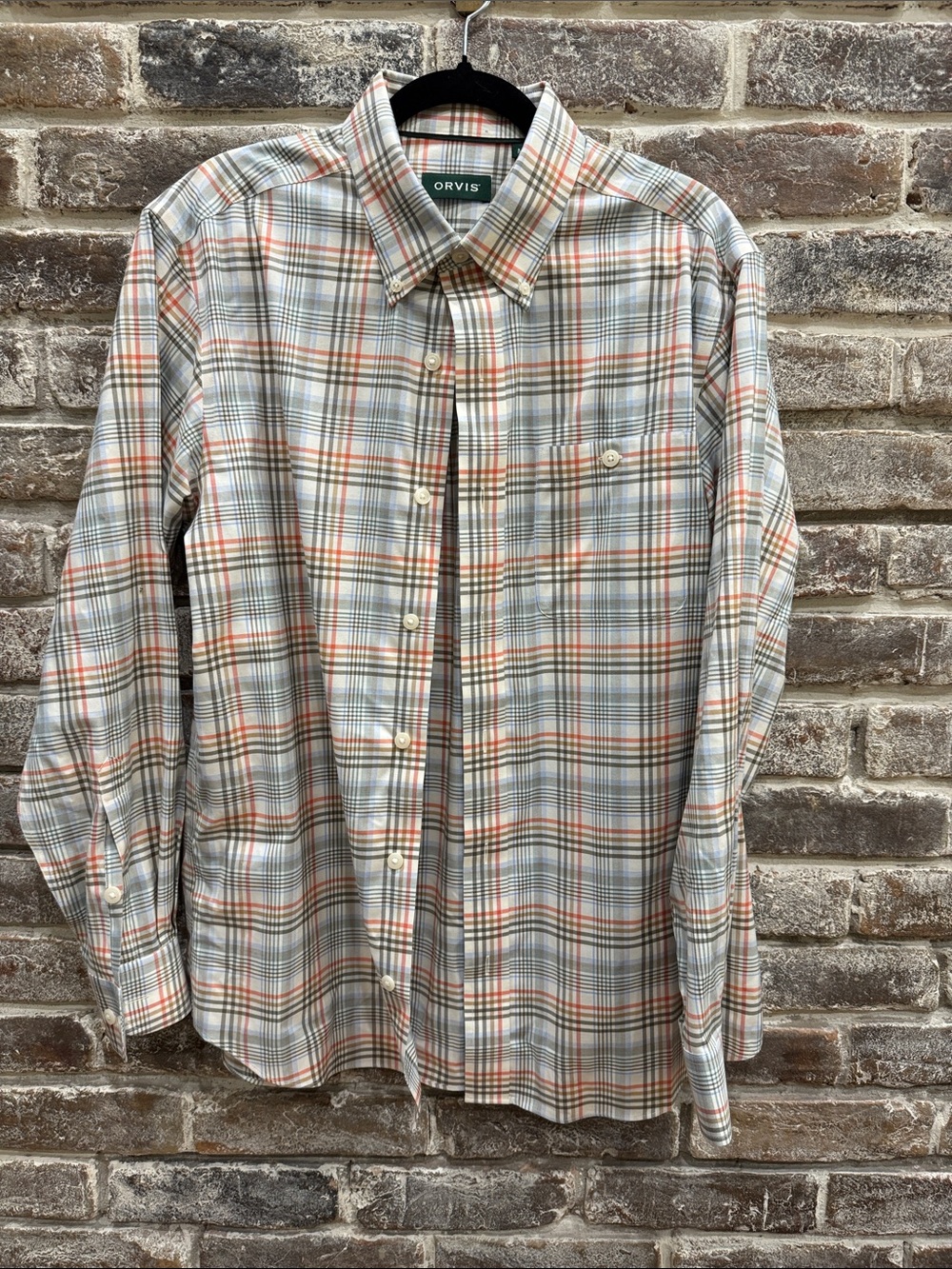 Orvis Plaid Button-Down Shirt in White, Orange & Green